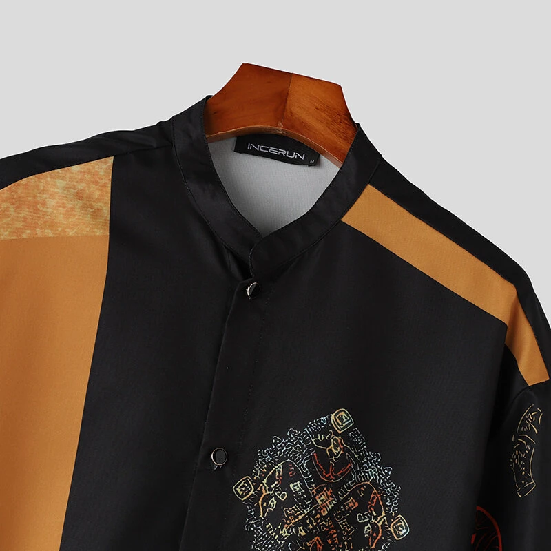 INCERUN Ethnic Style Mens Shirt, Mid-length Sleeve Stand Collar Loose Casual Shirt For Men Daily Vacation Streetwear