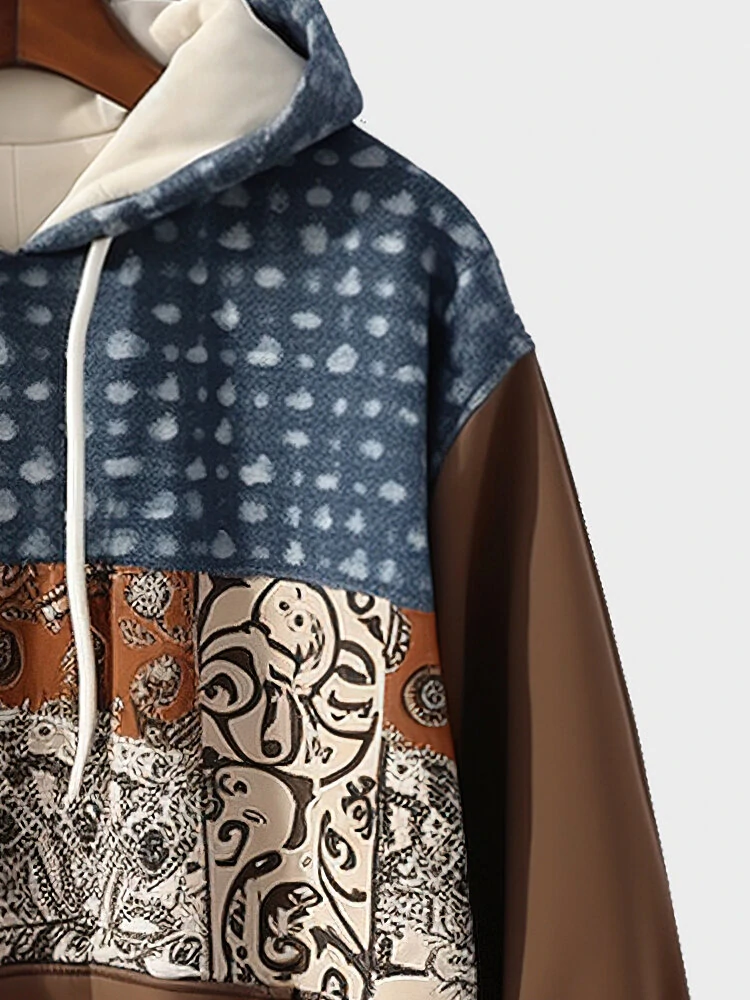 Mens Ethnic Pattern Patchwork Kangaroo Pocket Drawstring Hoodies