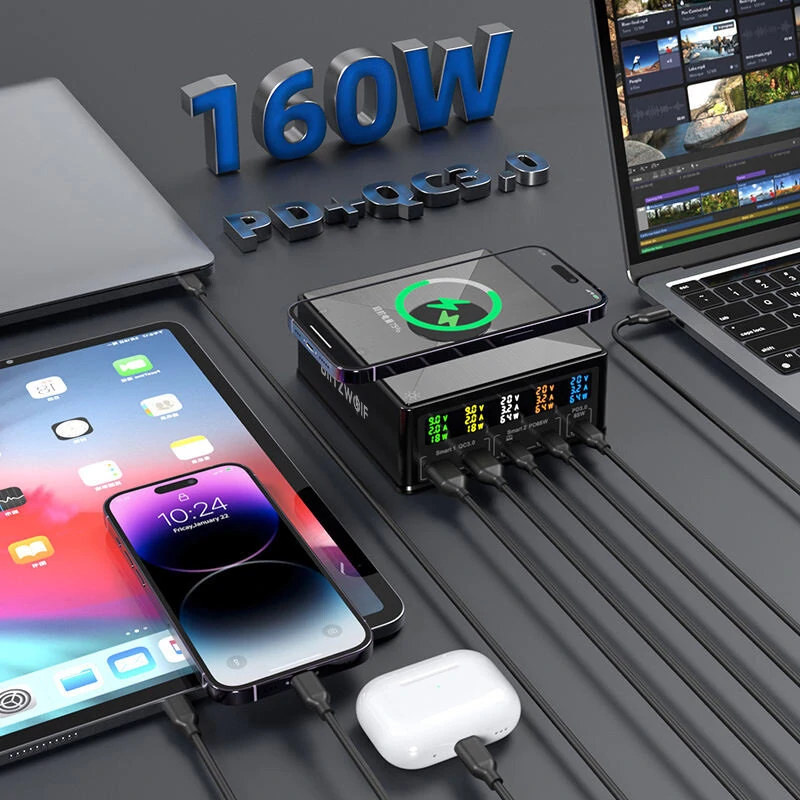 BlitzWolf® 868H 160W 5-Port USB PD Desktop Charger Dual USB-A QC3.0+Dual PD65W Type-C+65W Type-C PD3.0 with 15W 10W 7.5W 5W Wireless Fast Charger for iPhone 14 14 Pro Max for Samsung Galaxy Z Fold 4 S22 Ultra