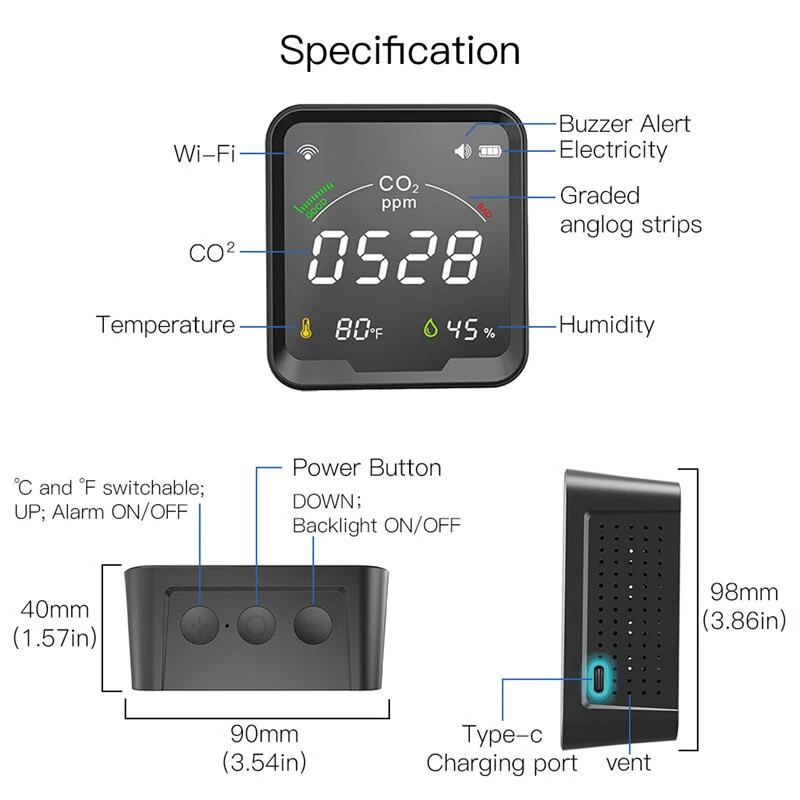 MoesHouse Tuya WiFi Smart Home Temperature Humidity Sensor Air Quality Carbon Dioxide Detector with LED Color Display Alarm Clock APP Remote Monitor