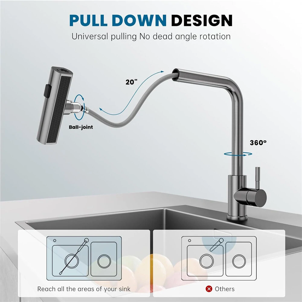 304 Stainless Steel Kitchen Faucet Pull Out Rotation Waterfall Stream Sprayer Brushed Nickel High Efficiency Cleaning Elegant Design Sink Mixer Tap Accessory