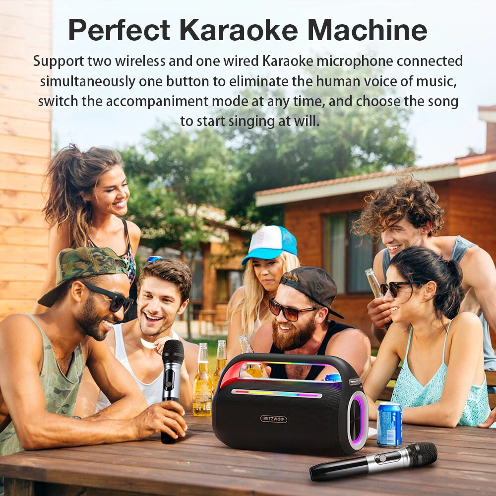 BlitzWolf® BW-WA7 120W bluetooth Speaker Portable Karaoke Speaker Double Drivers HiFi DSP EQ Effect RGB Light TWS 8000mAh Power Bank Outdoors Wireless Speaker with Double Microphones