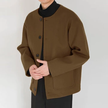 INCERUN Mens Solid Button Front Casual Tweed Jacket Comfortable Crew Neck Outerwear with Side Pockets Large Size S-5XL for Fall