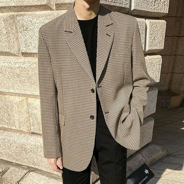 INCERUN Mens Plaid Single Breasted Casual Blazer Fashion Loose Fit Lapel Button Front Outwear for Male Large Size S-5XL