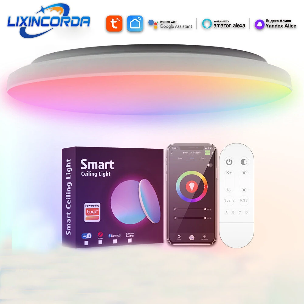 LIXINCORDA 24W 30cm Smart RGBCW LED Ceiling Light Works with Tuya WiFi APP Voice Control LED Ceiling Light Dimmable Music Sync Round Ceiling Light Ambient Light for Living Room Bedroom