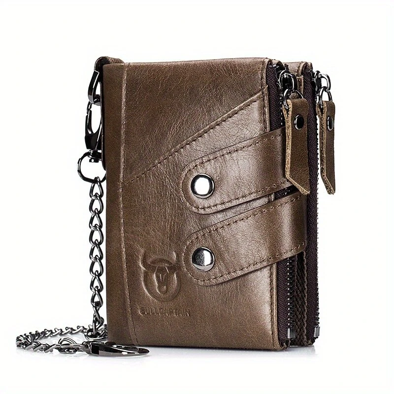 BULLCAPTAIN Genuine Leather Mens Wallet RFID Blocking Short Wallet with Chain Multifunction Card Holder Double Zipper Coin Purse Money Clip Compact Storage Bag Stylish