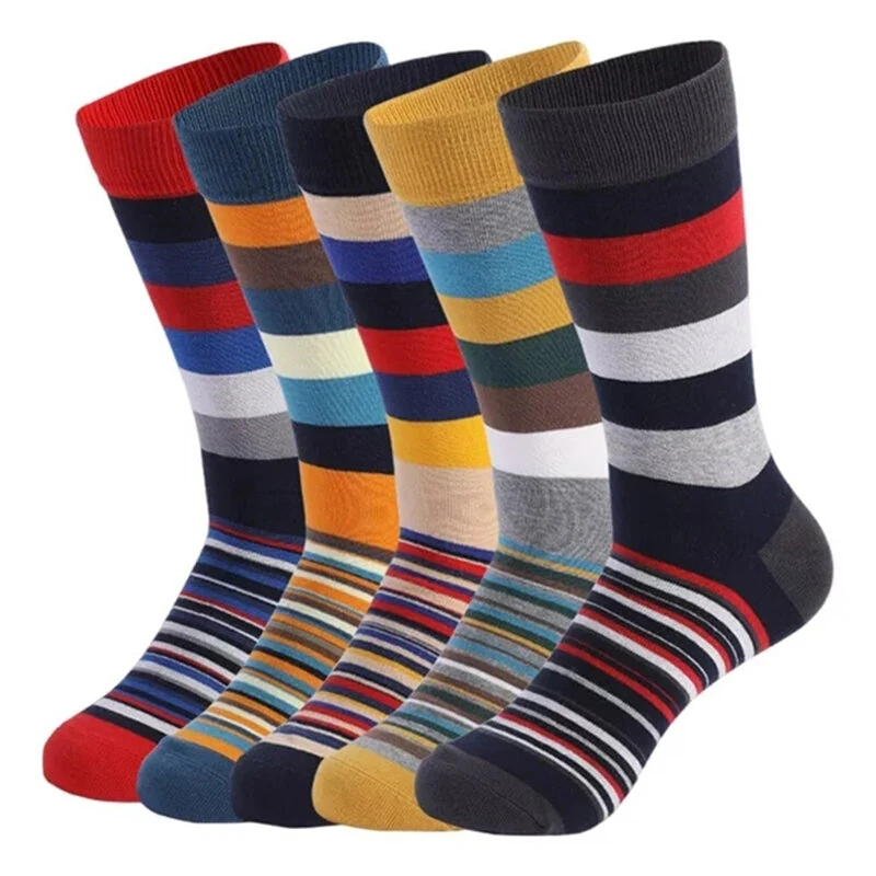 5 Pairs Dress Socks Men Plus Size Crew Socks Colorful Striped Funny Socks Casual Mid Long Tube Sock, Comfy Breathable Elastic Mens Socks