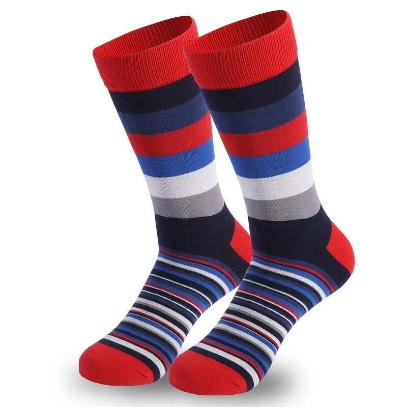 5 Pairs Dress Socks Men Plus Size Crew Socks Colorful Striped Funny Socks Casual Mid Long Tube Sock, Comfy Breathable Elastic Mens Socks