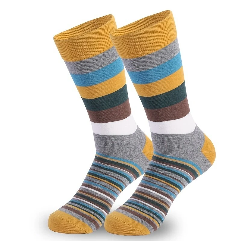 5 Pairs Dress Socks Men Plus Size Crew Socks Colorful Striped Funny Socks Casual Mid Long Tube Sock, Comfy Breathable Elastic Mens Socks