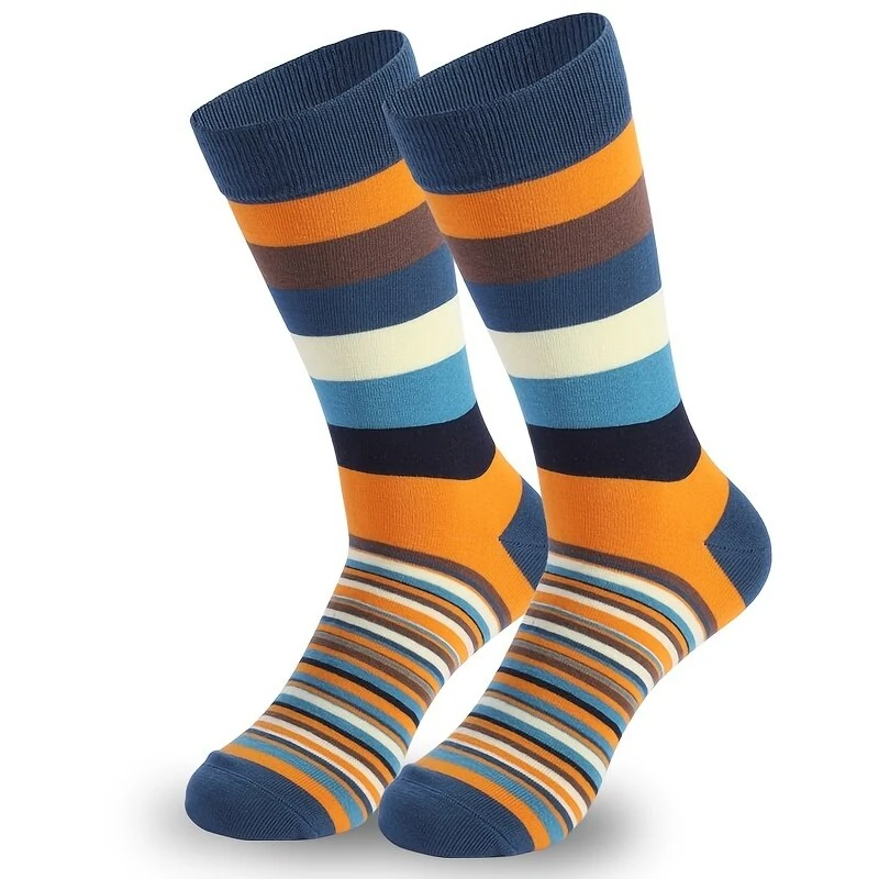 5 Pairs Dress Socks Men Plus Size Crew Socks Colorful Striped Funny Socks Casual Mid Long Tube Sock, Comfy Breathable Elastic Mens Socks