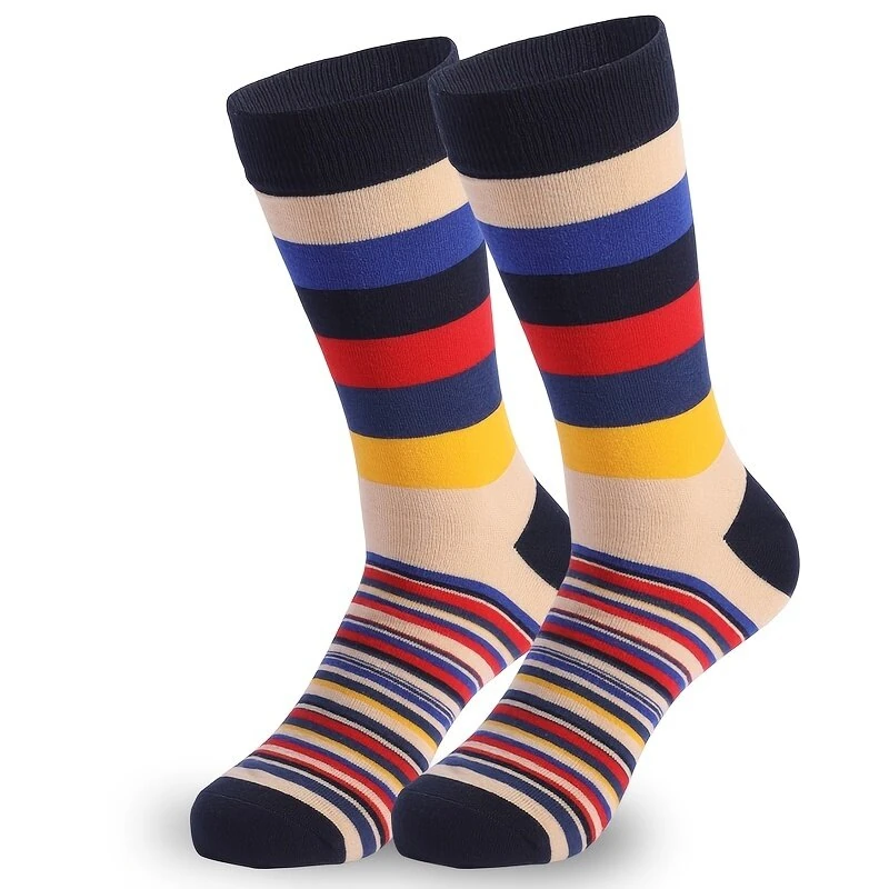 5 Pairs Dress Socks Men Plus Size Crew Socks Colorful Striped Funny Socks Casual Mid Long Tube Sock, Comfy Breathable Elastic Mens Socks