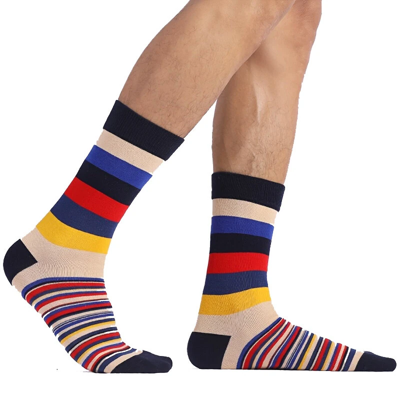 5 Pairs Dress Socks Men Plus Size Crew Socks Colorful Striped Funny Socks Casual Mid Long Tube Sock, Comfy Breathable Elastic Mens Socks