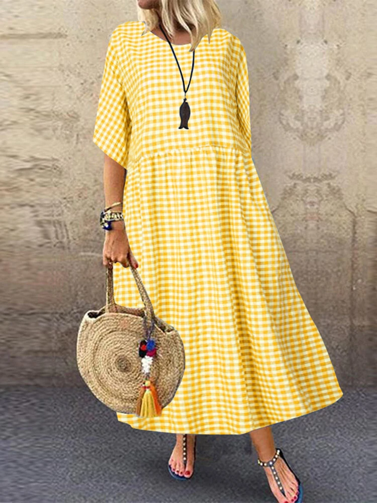 ZANZEA Plus Size Women Long Dress Casual Loose Plaid Print O-Neck Half Sleeve Beach Maxi Dress