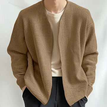 INCERUN Mens Textured Casual Long Sleeve Jacket Collarless Cardigan Jacket Coat Large Size for Big Men S-5XL