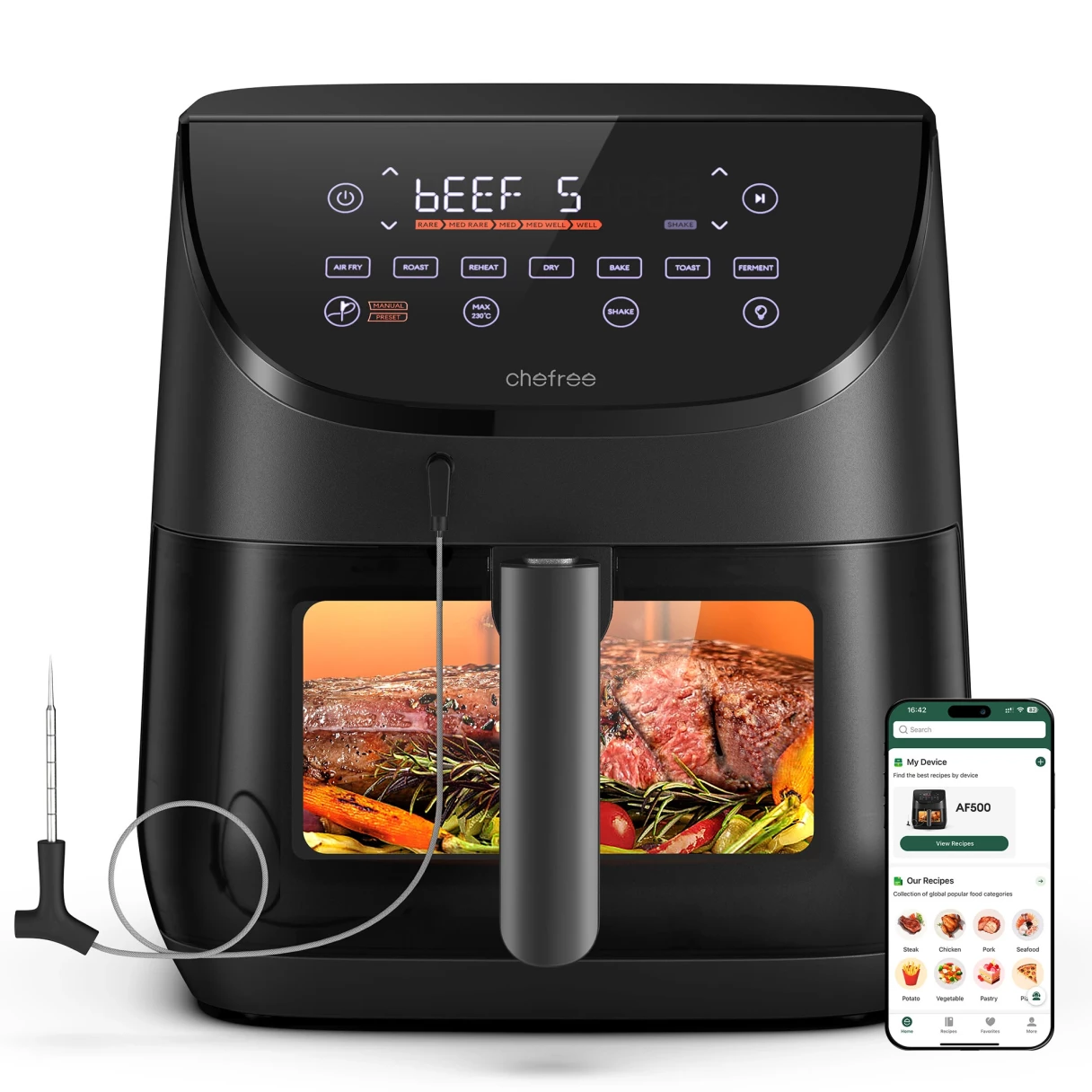 Chefree AF500 1700W 6.5L Air Fryer with Smart Probe Thermometer Versatile 8-in-1 Cooking Modes Rapid 230℃ Heating Shake Reminder