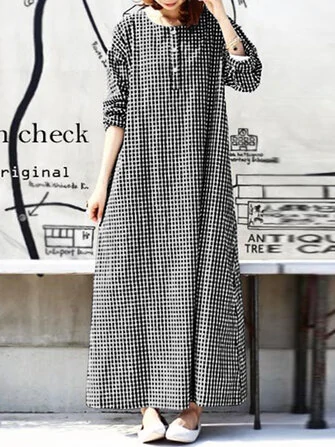 Women Casual Plaid Half Button Front Long Sleeve Maxi Dresses