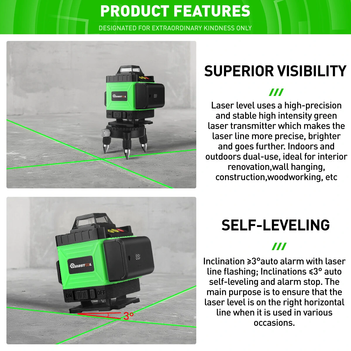 MUSTOOL 4D 16 Line Green Laser Level IP54 Self-Leveling 4000mAh Battery Touch Screen for Indoor/Outdoor Construction