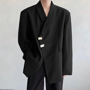 INCERUN Men Long Sleeved Blazer with Slanted Lapels and Metal Buttons and Shoulder Pads Fashion Loose Fit Blazers for Big Men Large Size S-5XL