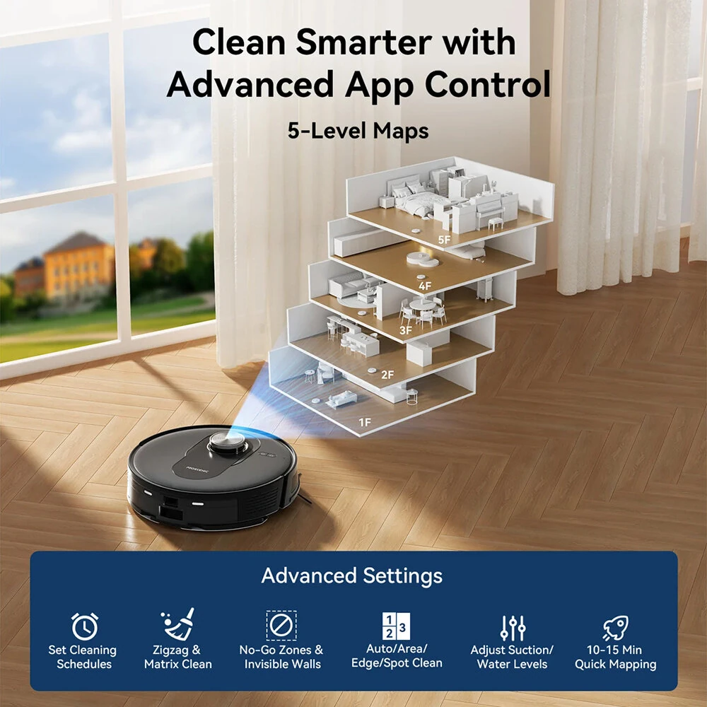 [EU Direct] Proscenic Q8 Robot Vacuum and Mop Combo, 4200 Pa Suction, LiDAR Navigation, 200min Runtime, Automatic Self-Charging, APP Control, 350ml Dustbin, 250ml Water Tank, for Indoor Floor, Pet Hair, Carpet