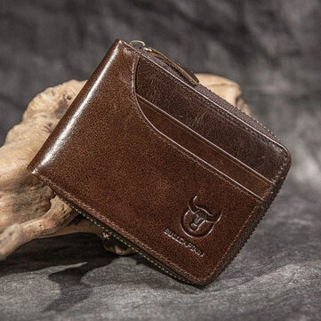 BULLCAPTAIN Men Short Wallet RFID Blocking Card Holder Cowhide Coin Purse Retro Genuine Leather Clutch Zipper Male Money Bags