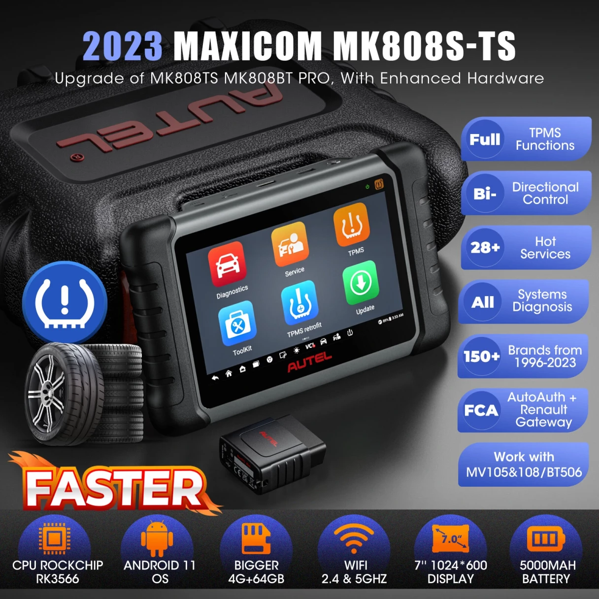 AUTEL MaxiCOM MK808TS Automotive OBD2 Diagnostic Tool Car Scanner TPMS Service Programming Sensor and Bluetooth