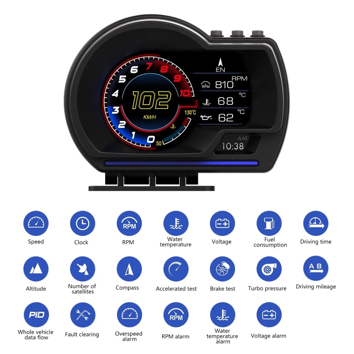 Car Head-Up Display OBD2+GPS Smart Car HUD Gauge Digital Odometer Security Alarm Water Temperature Alarm