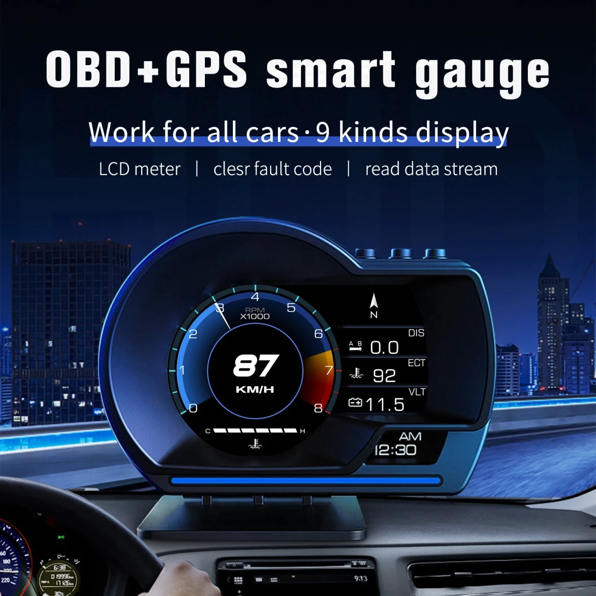 Car Head-Up Display OBD2+GPS Smart Car HUD Gauge Digital Odometer Security Alarm Water Temperature Alarm