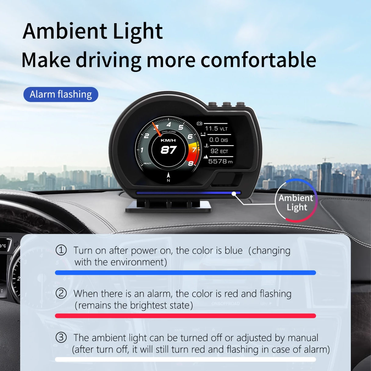 Car Head-Up Display OBD2+GPS Smart Car HUD Gauge Digital Odometer Security Alarm Water Temperature Alarm