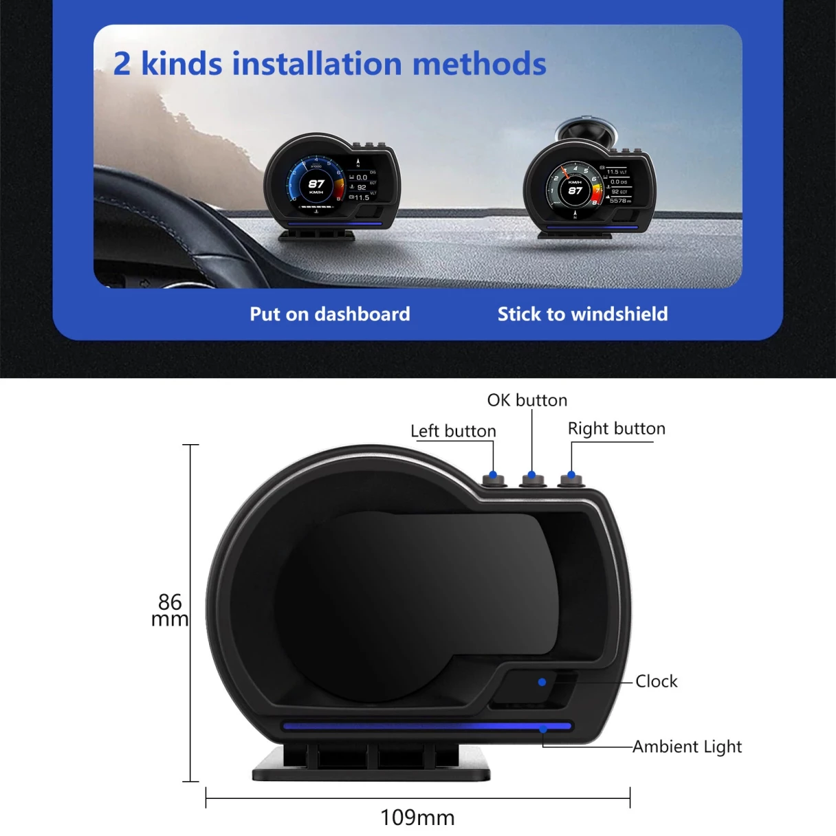 Car Head-Up Display OBD2+GPS Smart Car HUD Gauge Digital Odometer Security Alarm Water Temperature Alarm