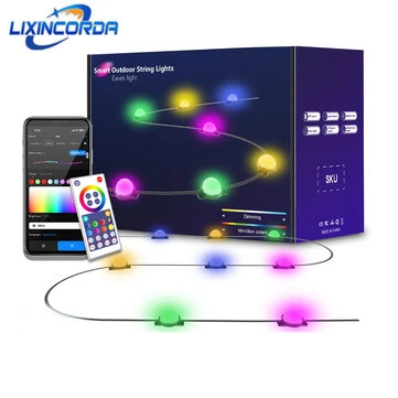 LIXINCORDA 49ft 33LED/2.8ft 20LED Smart RGB LED String Lights Outdoor IP65 Waterproof APP/Remote Control Music Sync Patio & Garden Lights