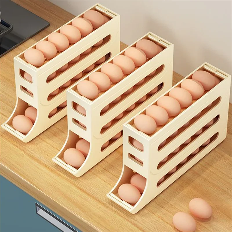 Automatic Scrolling Egg Rack Holder High Capacity Storage Box with Individual Egg Recess for Fresh Keeping and Organization in Kitchen Fridge Freezer