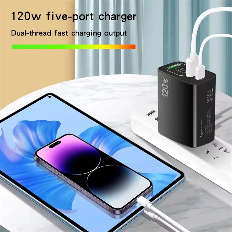 120W 5-Port USB PD Charger 2USB-A+3USB-C PD QC3.0 Fast Charging Wall Charger Adapter EU Plug US Plug for iPhone 15 14 13 Pro for Samsung Galaxy Z Flip6 for Huawei Nova Flip for Xiaomi Civi 4Pro