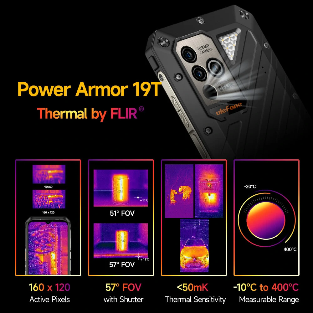 Ulefone Power Armor 19T Thermal Imaging Camera 108MP Triple Camera 17GB 256GB Helio G99 NFC 6.58 inch 120Hz 9600mAh 66W Fast Charge Wireless Charge IP68 IP69K Waterproof 4G Rugged Smartphone