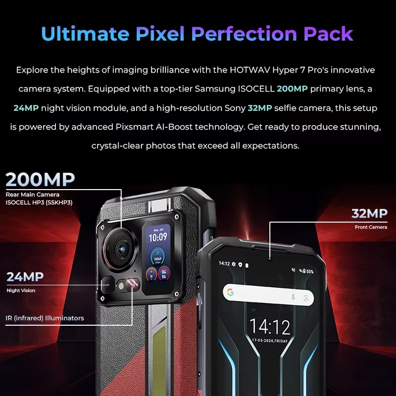 [EU Direct] HOTWAV Hyper 7 Pro 5G Dual Display 36GB 256GB 200MP Camera 6.6 inch 120Hz 2.4K Camping Light 33W Fast Charge 10800mAh Dimensity 7050 NFC Android 14 IP68 IP69K Waterproof Rugged Smartphone
