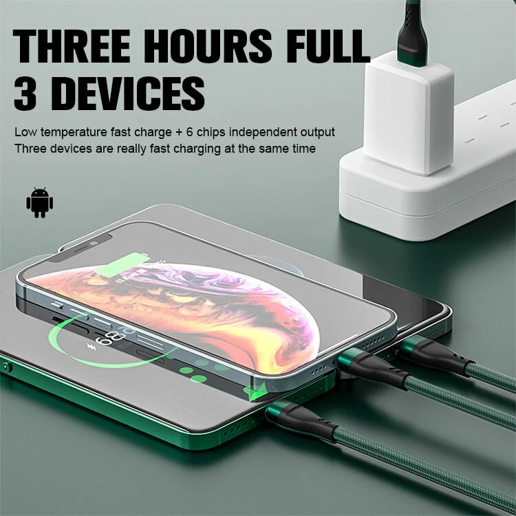 6A 3 in 1 USB-A to Micro+iP+Type-C Fast Charging Cable Data Transmission Nylon Braided Core Line 1.2M Long For iPhone14 Pro Max For Huawei P50 For Xiaomi Mi12 For Samsung Galaxy Z Fold 2