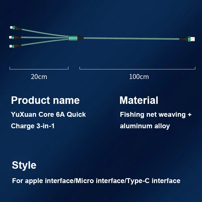 6A 3 in 1 USB-A to Micro+iP+Type-C Fast Charging Cable Data Transmission Nylon Braided Core Line 1.2M Long For iPhone14 Pro Max For Huawei P50 For Xiaomi Mi12 For Samsung Galaxy Z Fold 2