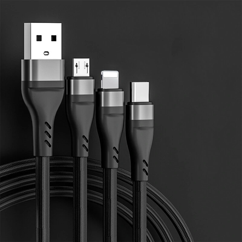 6A 3 in 1 USB-A to Micro+iP+Type-C Fast Charging Cable Data Transmission Nylon Braided Core Line 1.2M Long For iPhone14 Pro Max For Huawei P50 For Xiaomi Mi12 For Samsung Galaxy Z Fold 2