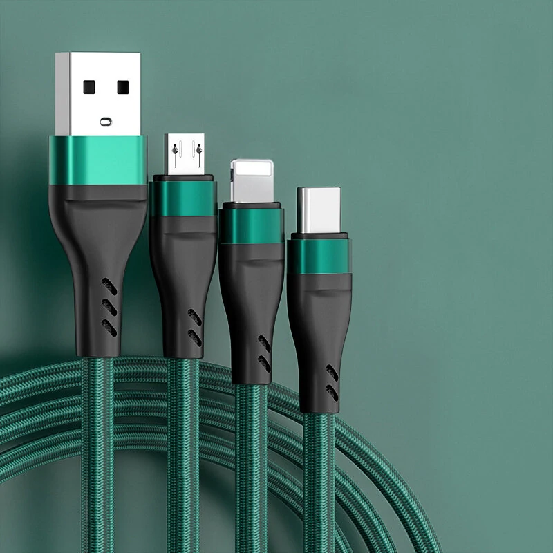 6A 3 in 1 USB-A to Micro+iP+Type-C Fast Charging Cable Data Transmission Nylon Braided Core Line 1.2M Long For iPhone14 Pro Max For Huawei P50 For Xiaomi Mi12 For Samsung Galaxy Z Fold 2