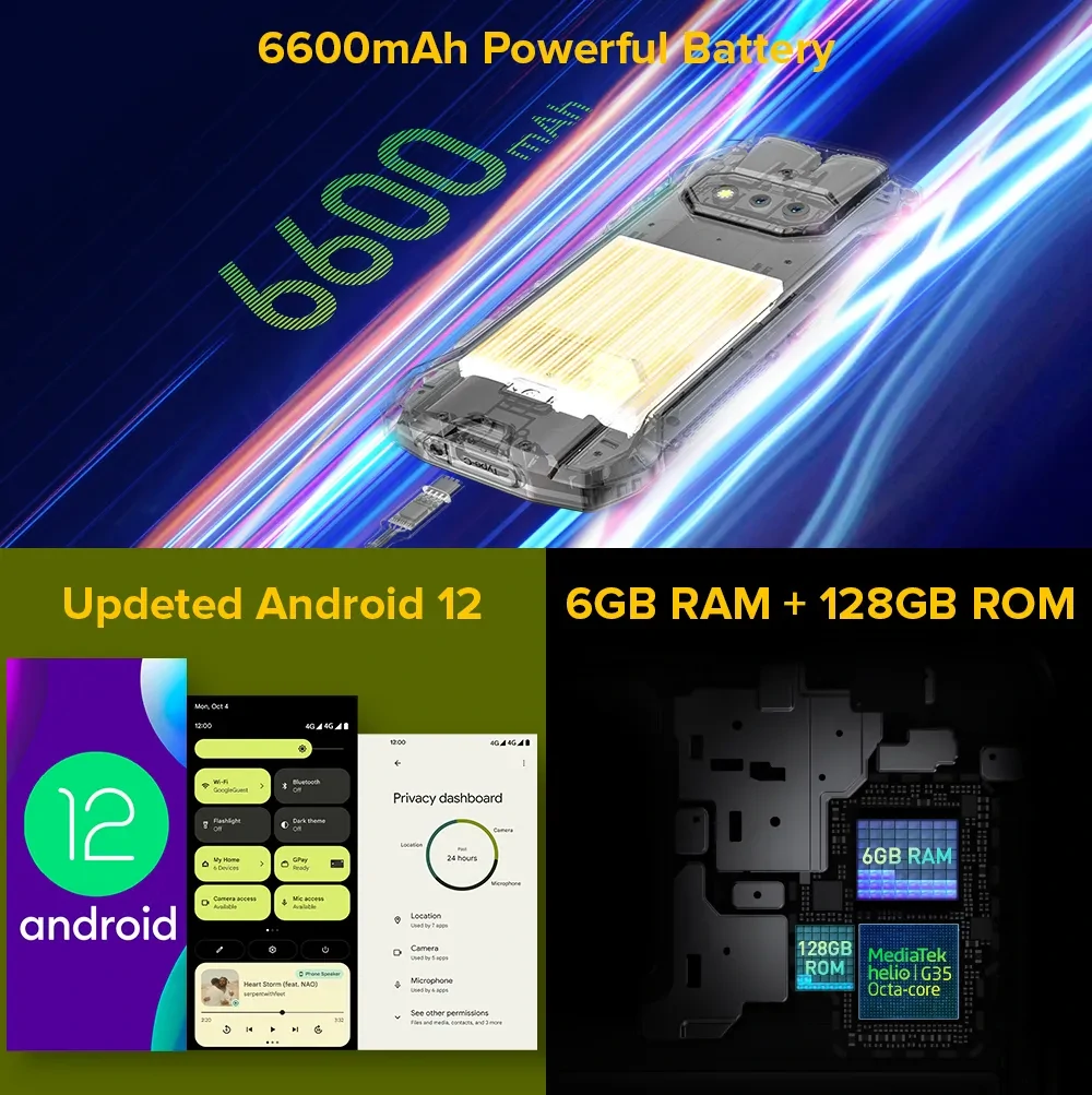 Ulefone Armor 15 Built-in TWS Earbuds Helio G35 6GB 128GB 5.45 inch 60Hz Dual Speakers NFC 6600mAh Android 12 IP68 IP69K Waterproof 4G Rugged Smartphone