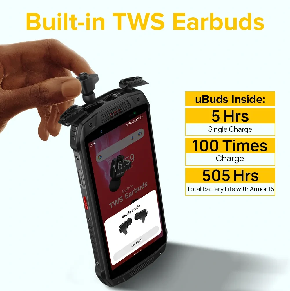 Ulefone Armor 15 Built-in TWS Earbuds Helio G35 6GB 128GB 5.45 inch 60Hz Dual Speakers NFC 6600mAh Android 12 IP68 IP69K Waterproof 4G Rugged Smartphone
