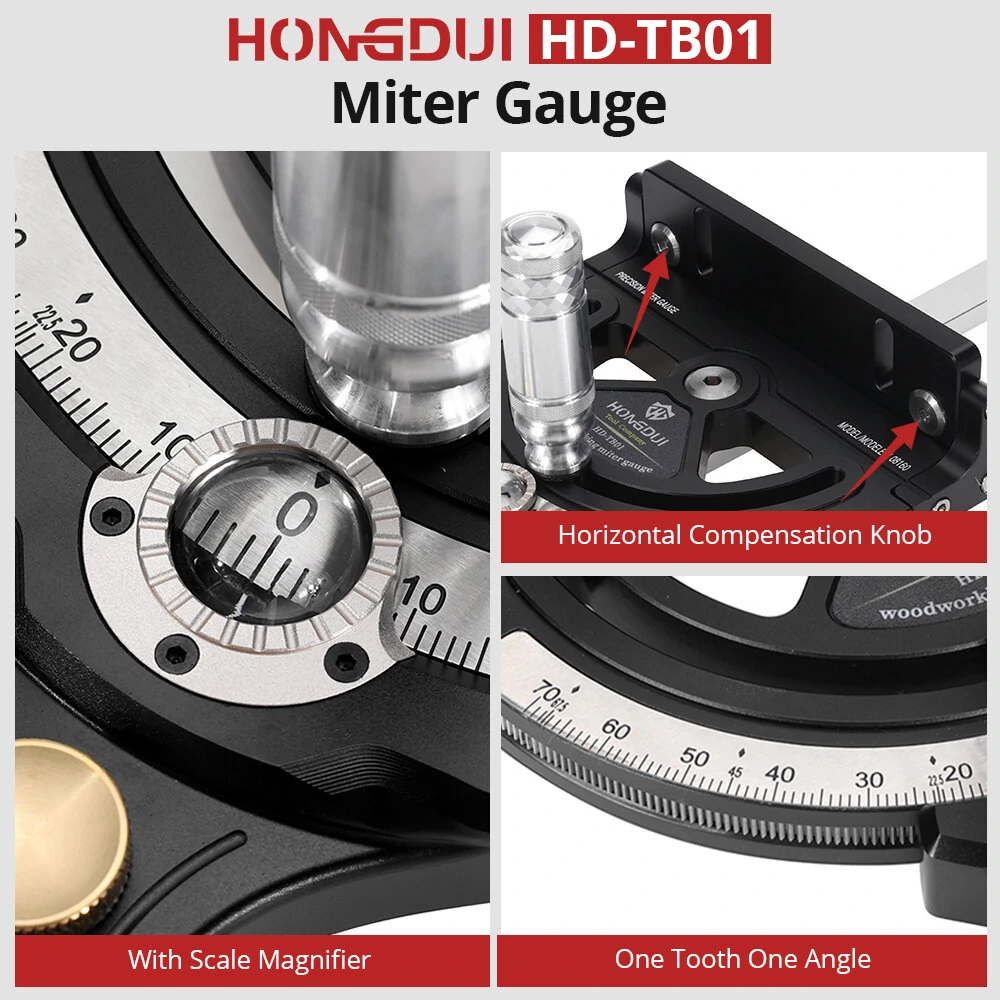 HONGDUI HD-TB01 Precision Miter Gauge 0-70 Degree Woodworking Table Saw Push Handle 70 Angles Assembly Angle Ruler with Quick 0° 22.5° 45° 67.5° Setting