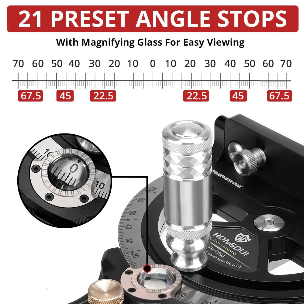 HONGDUI HD-TB01 Precision Miter Gauge 0-70 Degree Woodworking Table Saw Push Handle 70 Angles Assembly Angle Ruler with Quick 0° 22.5° 45° 67.5° Setting