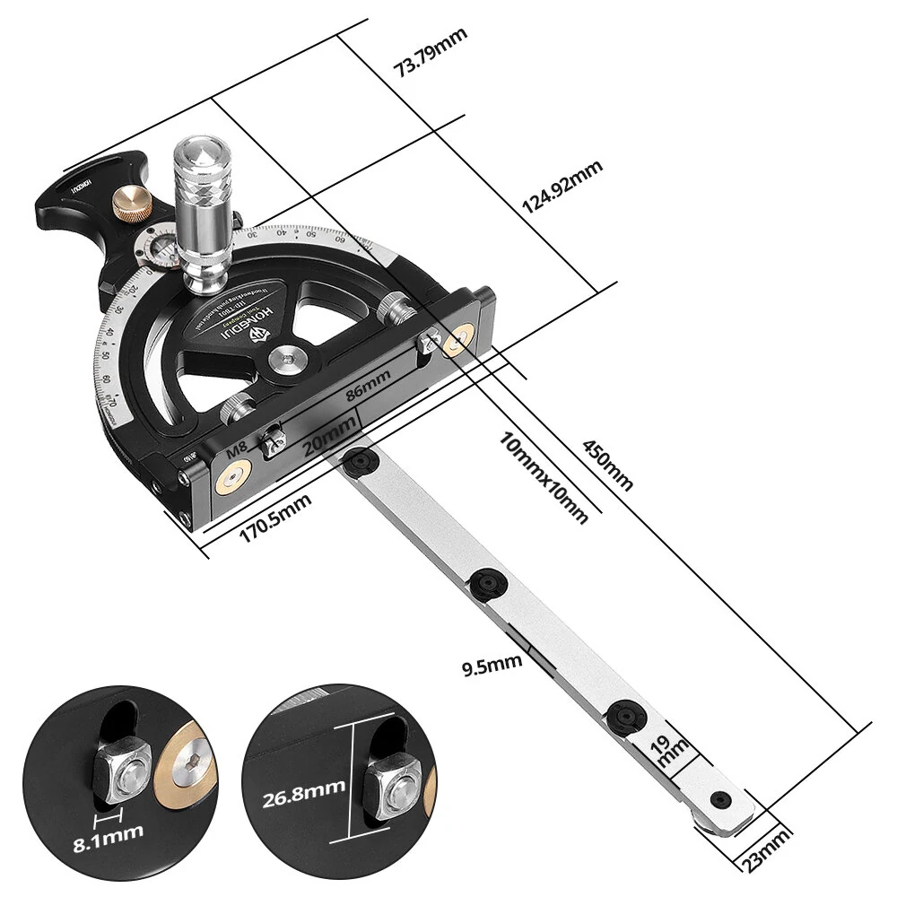 HONGDUI HD-TB01 Precision Miter Gauge 0-70 Degree Woodworking Table Saw Push Handle 70 Angles Assembly Angle Ruler with Quick 0° 22.5° 45° 67.5° Setting