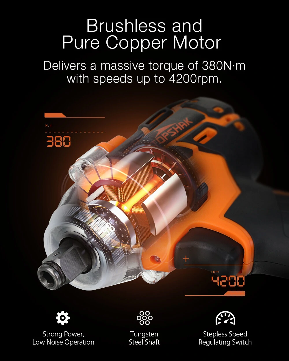 Topshak TS-PW1 380N.M Brushless Electric Impact Wrench LED Working Light Rechargeable Woodworking Maintenance Tool W/ Battery Also For Mak
