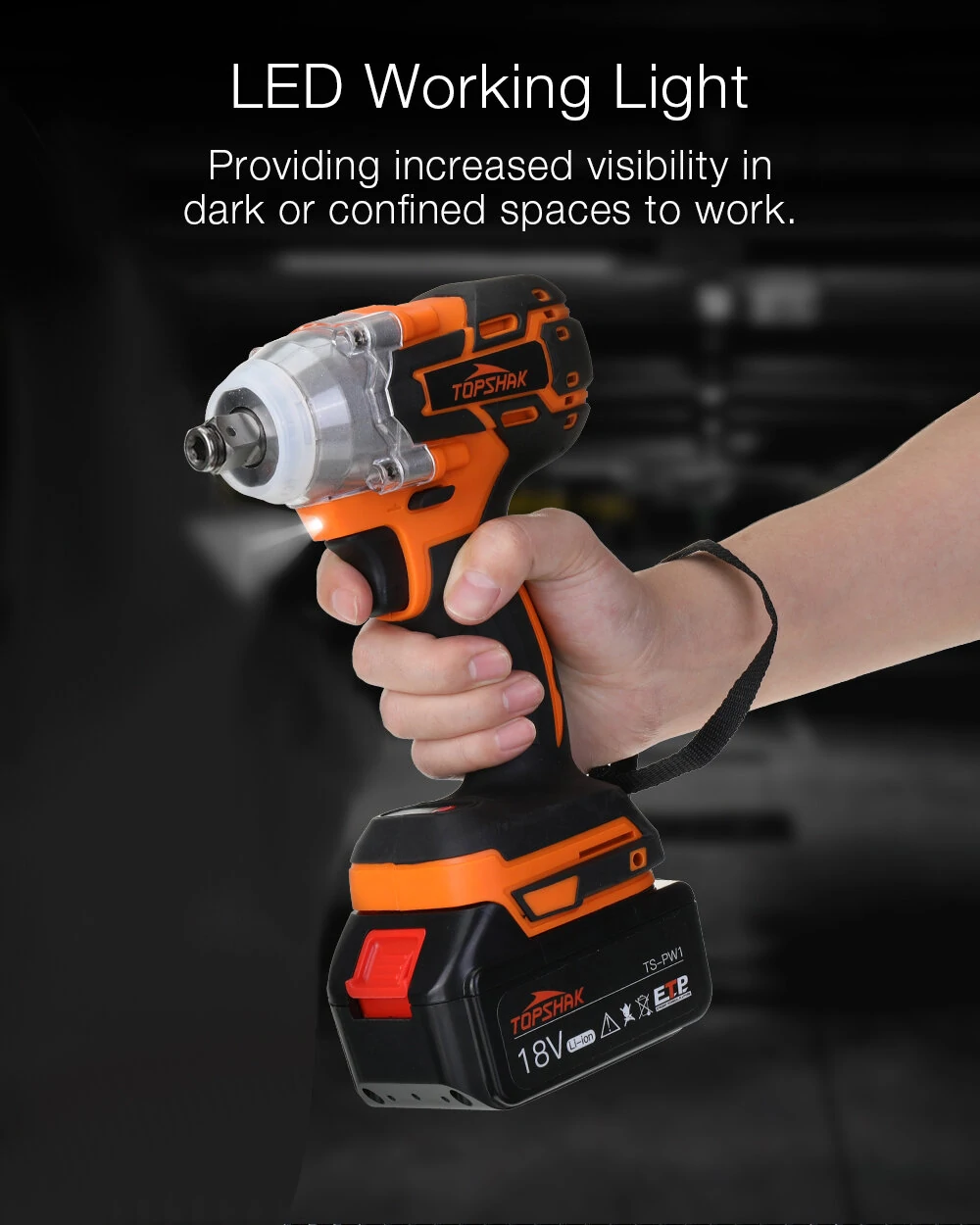 Topshak TS-PW1 380N.M Brushless Electric Impact Wrench LED Working Light Rechargeable Woodworking Maintenance Tool W/ Battery Also For Mak