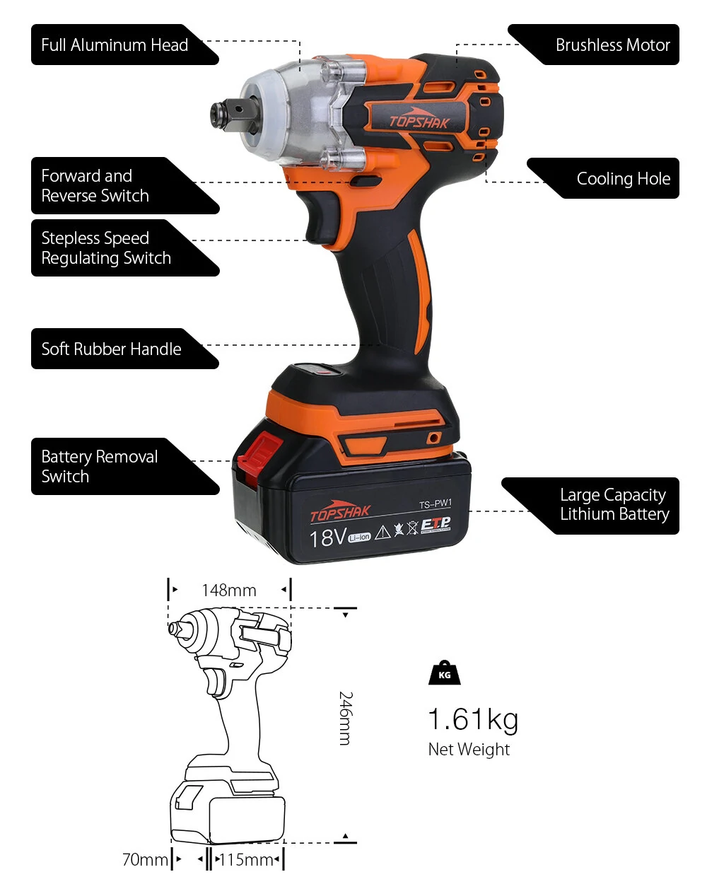Topshak TS-PW1 380N.M Brushless Electric Impact Wrench LED Working Light Rechargeable Woodworking Maintenance Tool W/ Battery Also For Mak