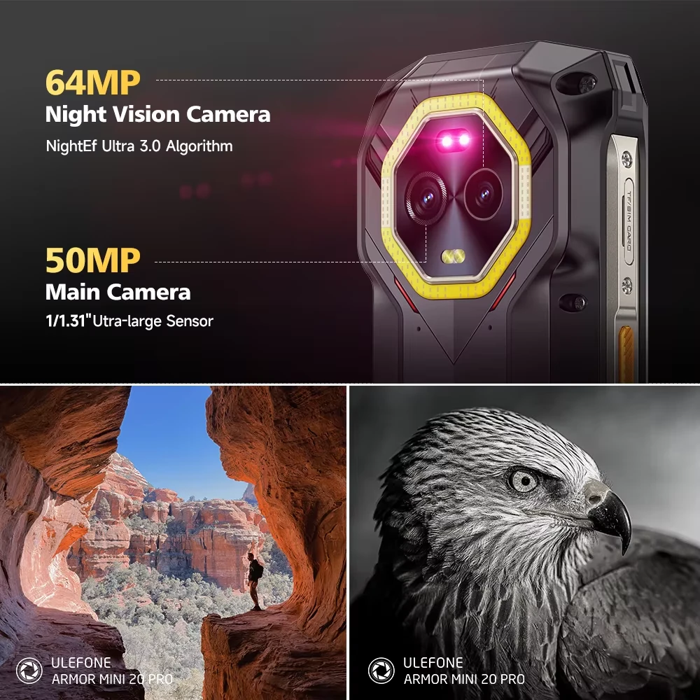 Ulefone Armor Mini 20 Pro 5G Versatile LED Light 4.7 inch 50MP Camera 64MP Night Camera 16GB 256GB 33W Fast Charge 15W Wireless Charge Android 14 NFC Dimensity 6300 IP68 IP69K Waterproof Rugged Smartphone