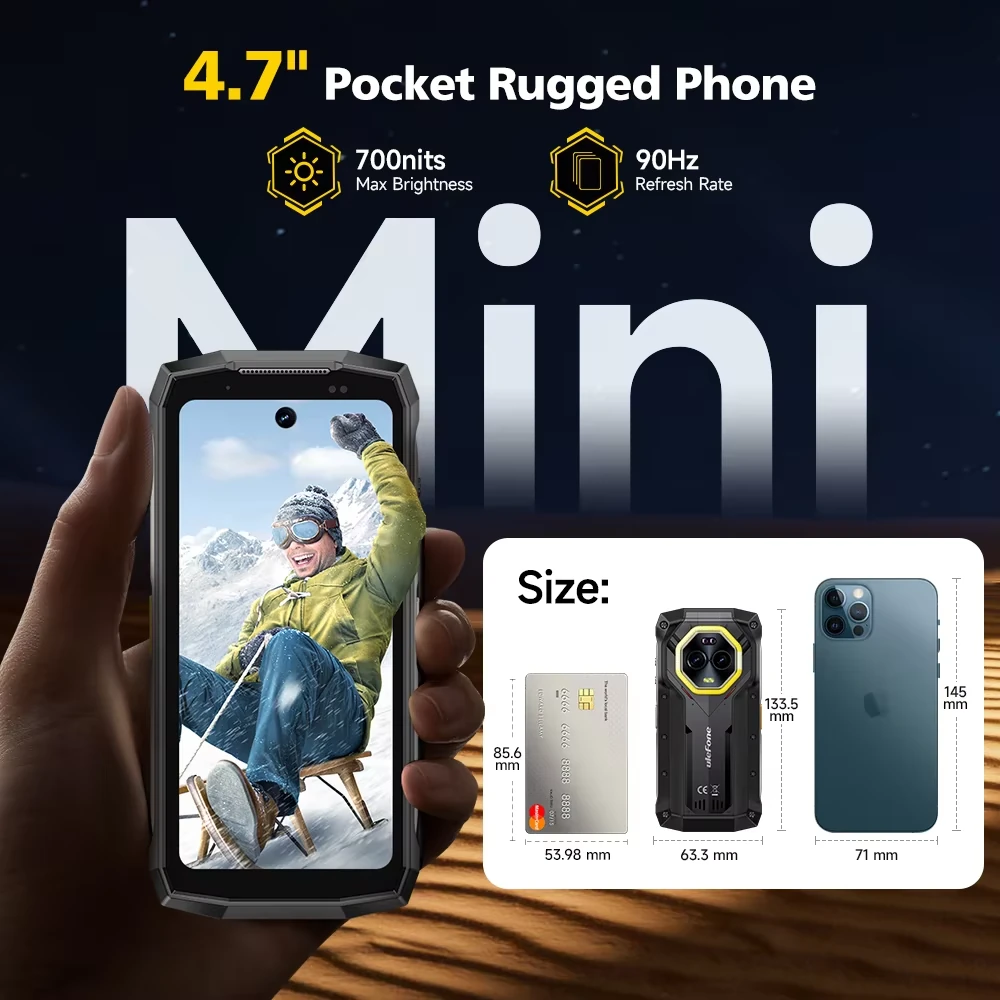 Ulefone Armor Mini 20 Pro 5G Versatile LED Light 4.7 inch 50MP Camera 64MP Night Camera 16GB 256GB 33W Fast Charge 15W Wireless Charge Android 14 NFC Dimensity 6300 IP68 IP69K Waterproof Rugged Smartphone