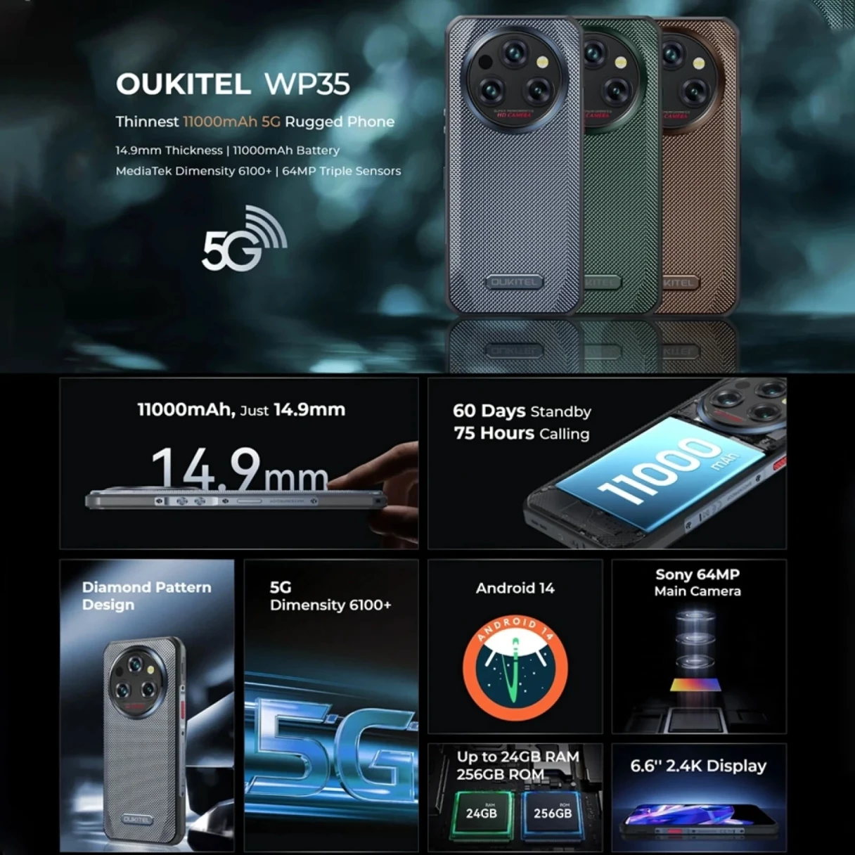 [EU Direct] Oukitel WP35 5G 11000mAh 24GB 256GB 6.6 inch 2.4K Display 64MP Triple Camera Android 14 Dimensity 6100+ NFC IP68 IP69K Waterproof Rugged Smartphone