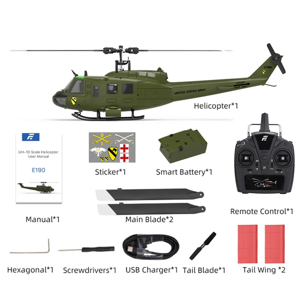 Eachine E190 1:34 UH-1 HUEY Scale 2.4G 6CH Altitude Hold Optical Flow Positioning Dual Brushless Motor RC Helicopter